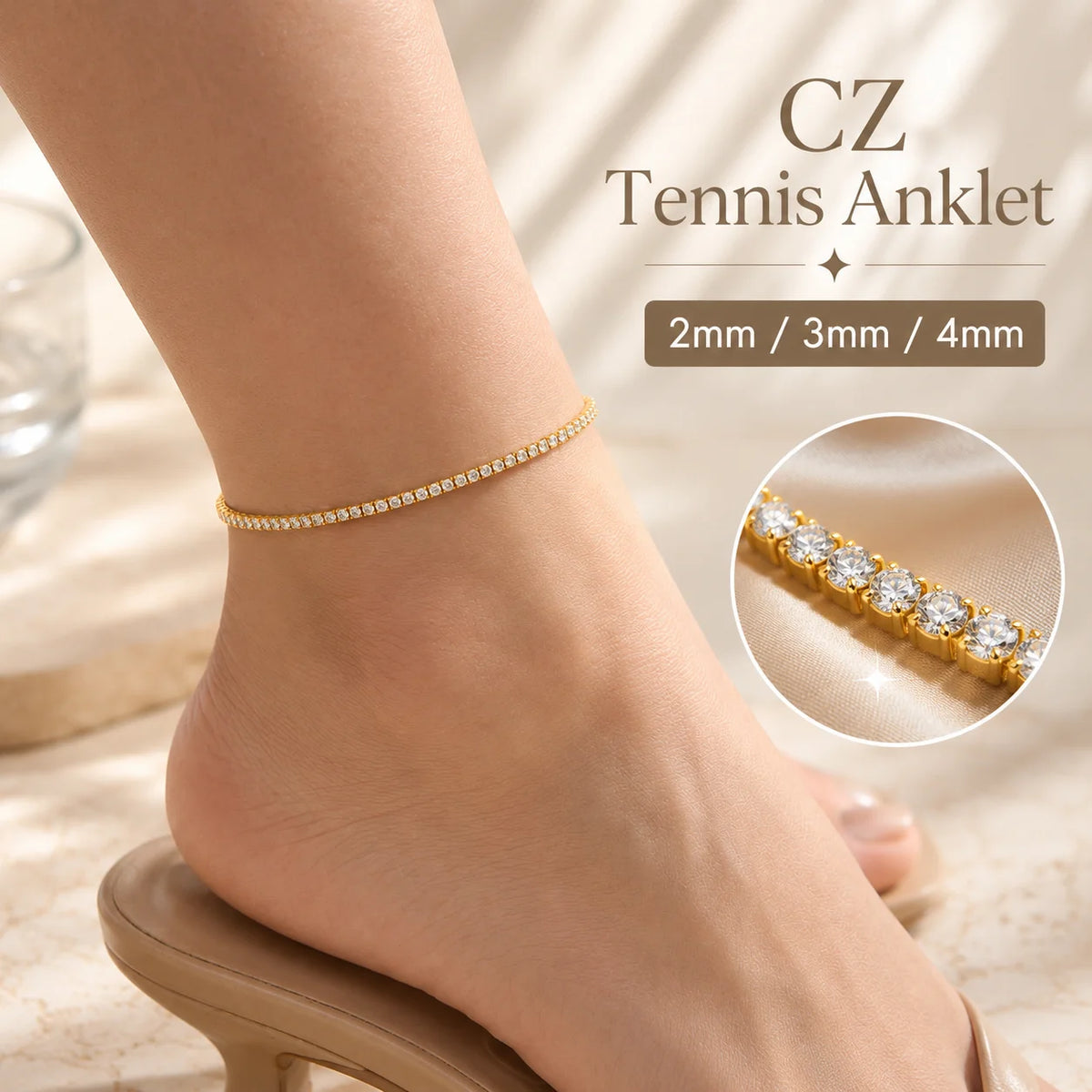 Cubic Zirconia Tennis Anklet for Women Stainless Steel 18K Gold Plated CZ Foot Chain Layering Summer No Tarnish Waterproof