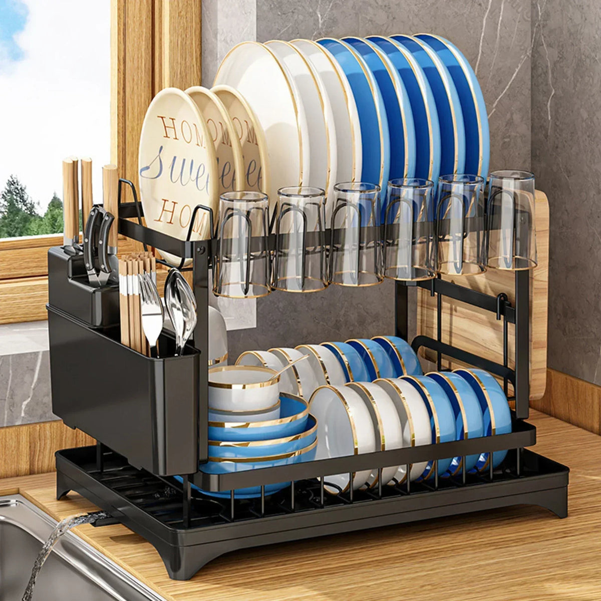 Space Saving Double Tier Dish Drying Rack Rust Resistant Metal With Drain Tray Easy Assemble Kitchen Tableware Holder