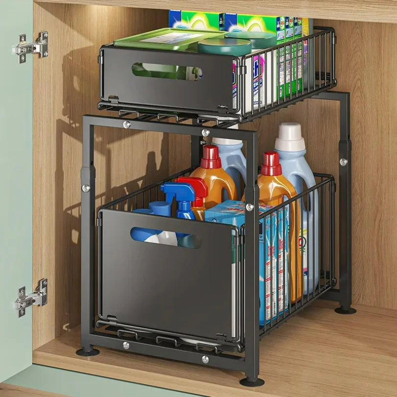 Kitchen Sink Storage Rack Pull-Out Basket Double Layer Spice Snack Bottle Can Organizer Cabinet Multi-level Shelf