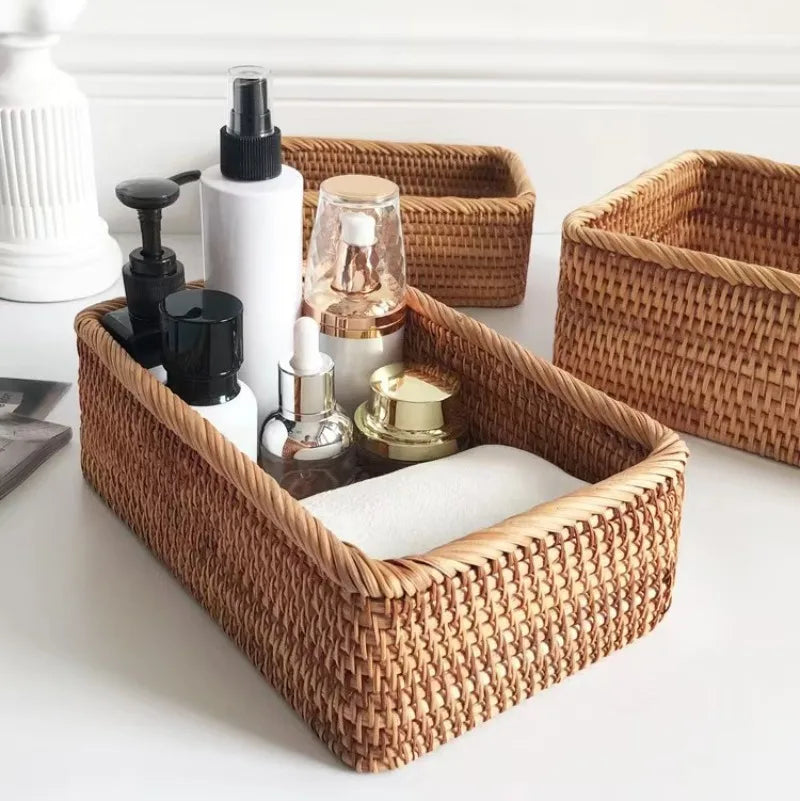 Rattan Storage Basket for Home Decor Snack Handmade Woven Nesting Baskets Wicker Storage Box Kitchen Table Household Supplies