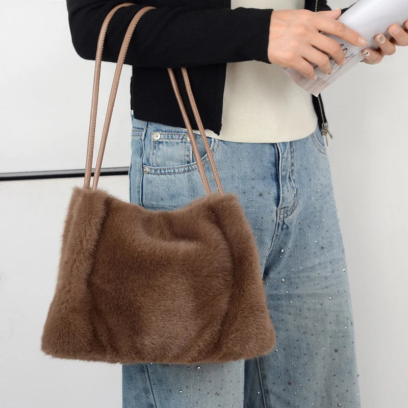 Female Autumn Winter Plush Handbag Versatile Solid Color Chain Crossbody Shopping Bag Women New Design Chain Messenger Bags