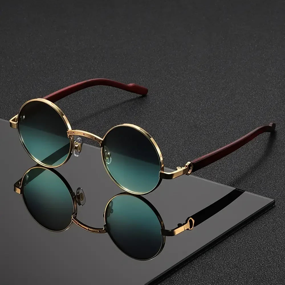 1pc SunGlasses, Retro Fashion Glasses For Men And Women, Metal Glasses With Imitation Wood Grain Temples