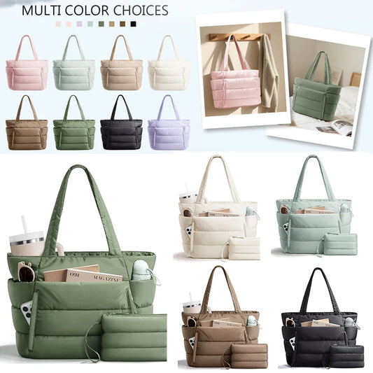 Padded puffer tote bag set in multiple colors, with front zip pocket and compartments