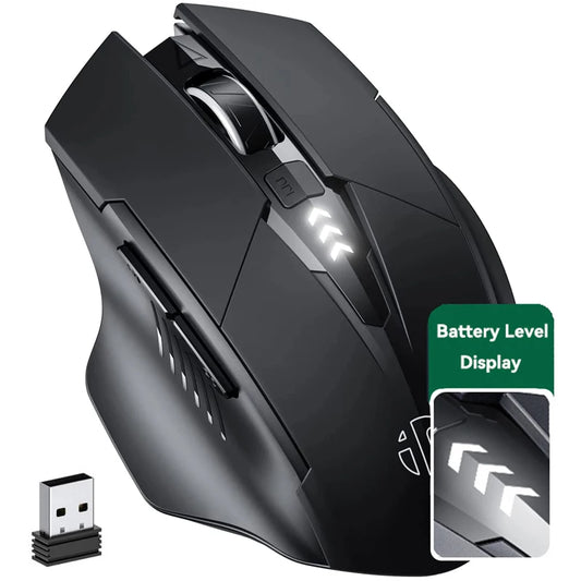 Wireless ergonomic mouse, angled view with side buttons and charging port area