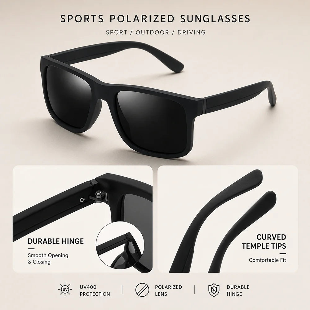 Matte Polarized Sunglasses Men Women UV400 Square Driving Sun Glasses Outdoor Sport Fishing Travel Eyewear Durable Hinge