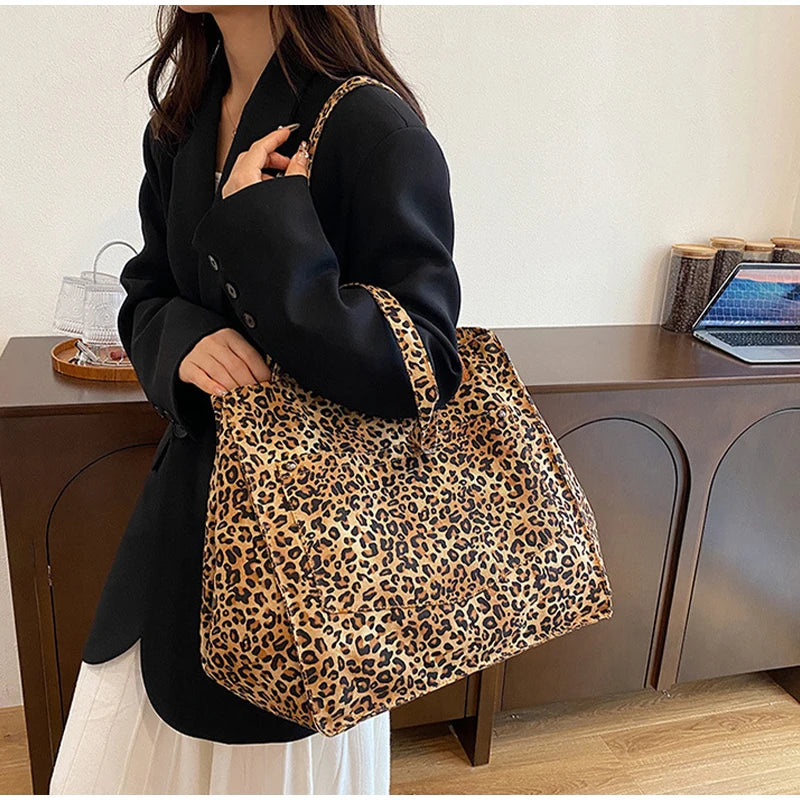 Vintage Leopard Print Women's Handbag Fashion Large Capacity Leopard Print Canvas Bag Underarm Bag Large Shopping Bag Women' Bag
