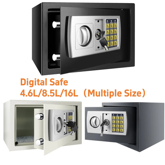 Digital security safe box, open front showing keypad and key lock, black case