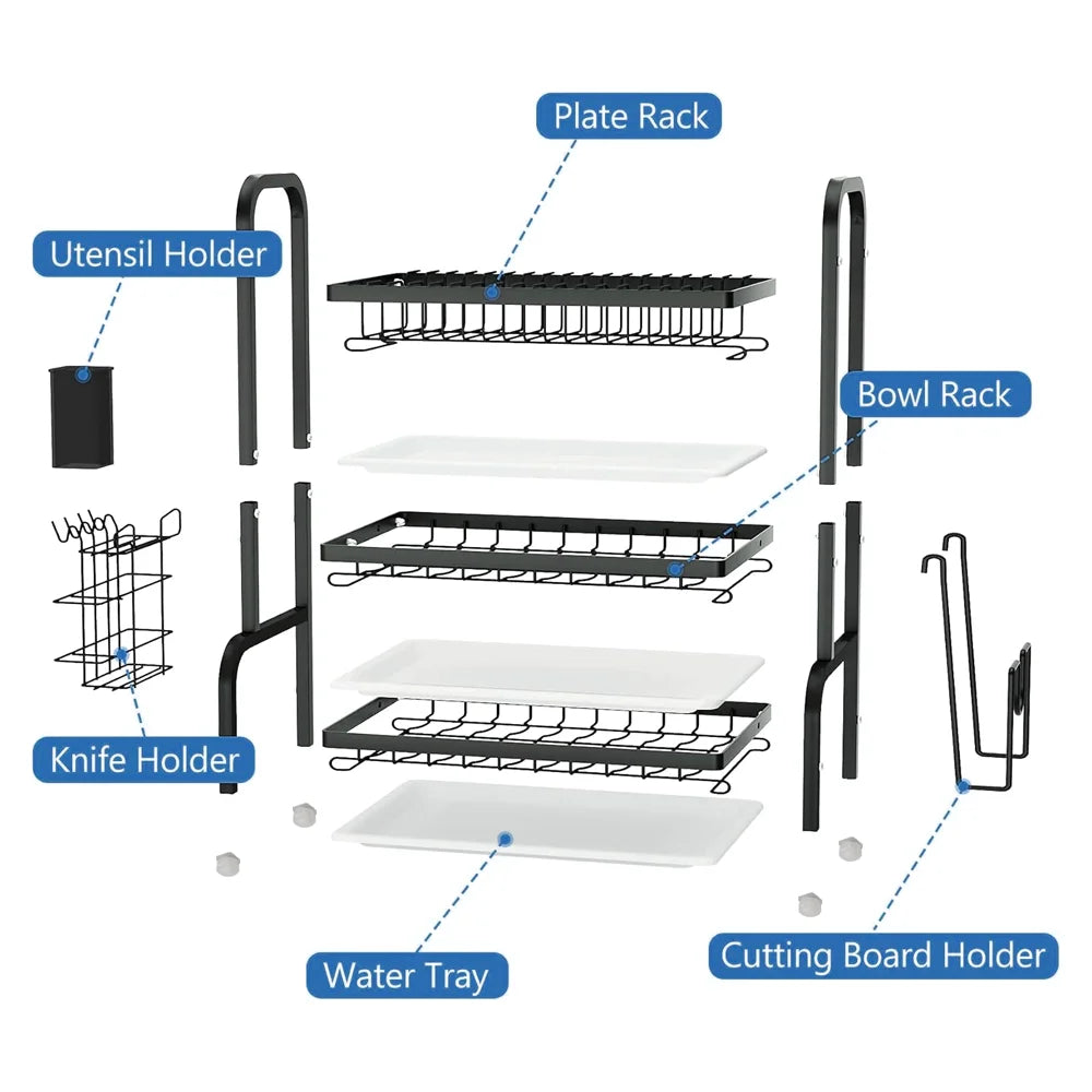 3 Tier Dish Organizer Dish Drying Rack Compact Kitchen Dish Rack Drainboard Set Large Rust-Proof Dish Drainer Kitchen Dish Drain