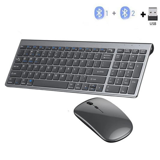 Gray wireless full-size keyboard with integrated mouse, rechargeable design