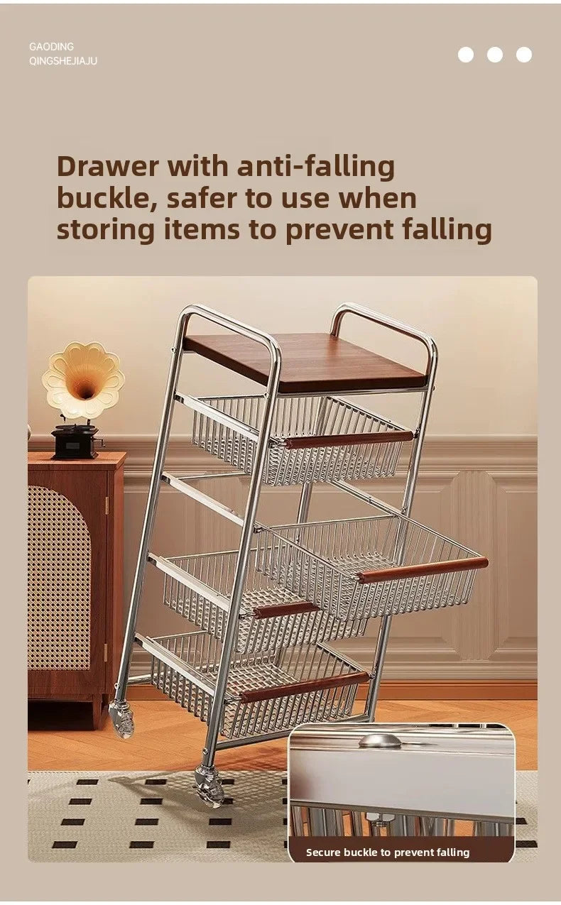 Wooden Rolling Kitchen Cart with 4/8 Baskets, Fruit Vegetable Storage Rack