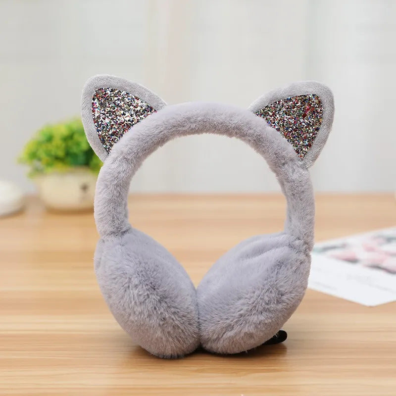 Playful Girls Ear Muffs Cold Protection Warm Hot Lovely Winter Warm Cat Ear Warmers Glitter Ears Plush Earmuffs for Women EZr02