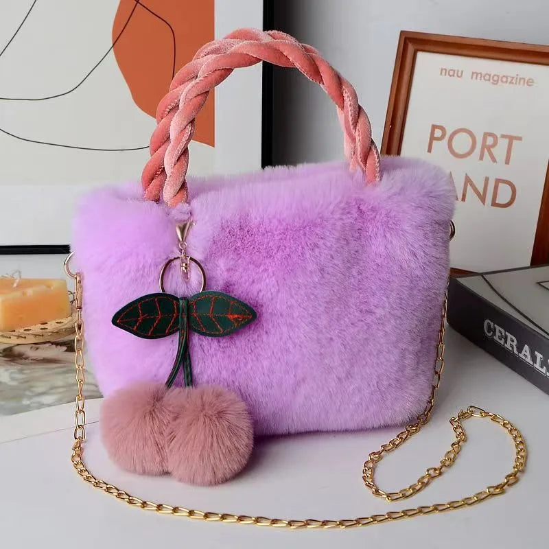New Fashion Women Handbags Winter Furry Ladies Soft Plush Clutch Purse Shoulder Bags Fashion Female Cherry Pendant Messenger Bag