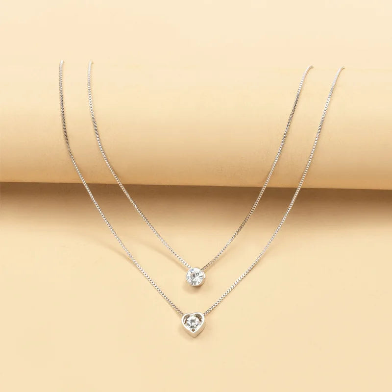 Simple Double Layer Chain Rhinestone Heart Choker Necklaces for Women Jewelry Gift