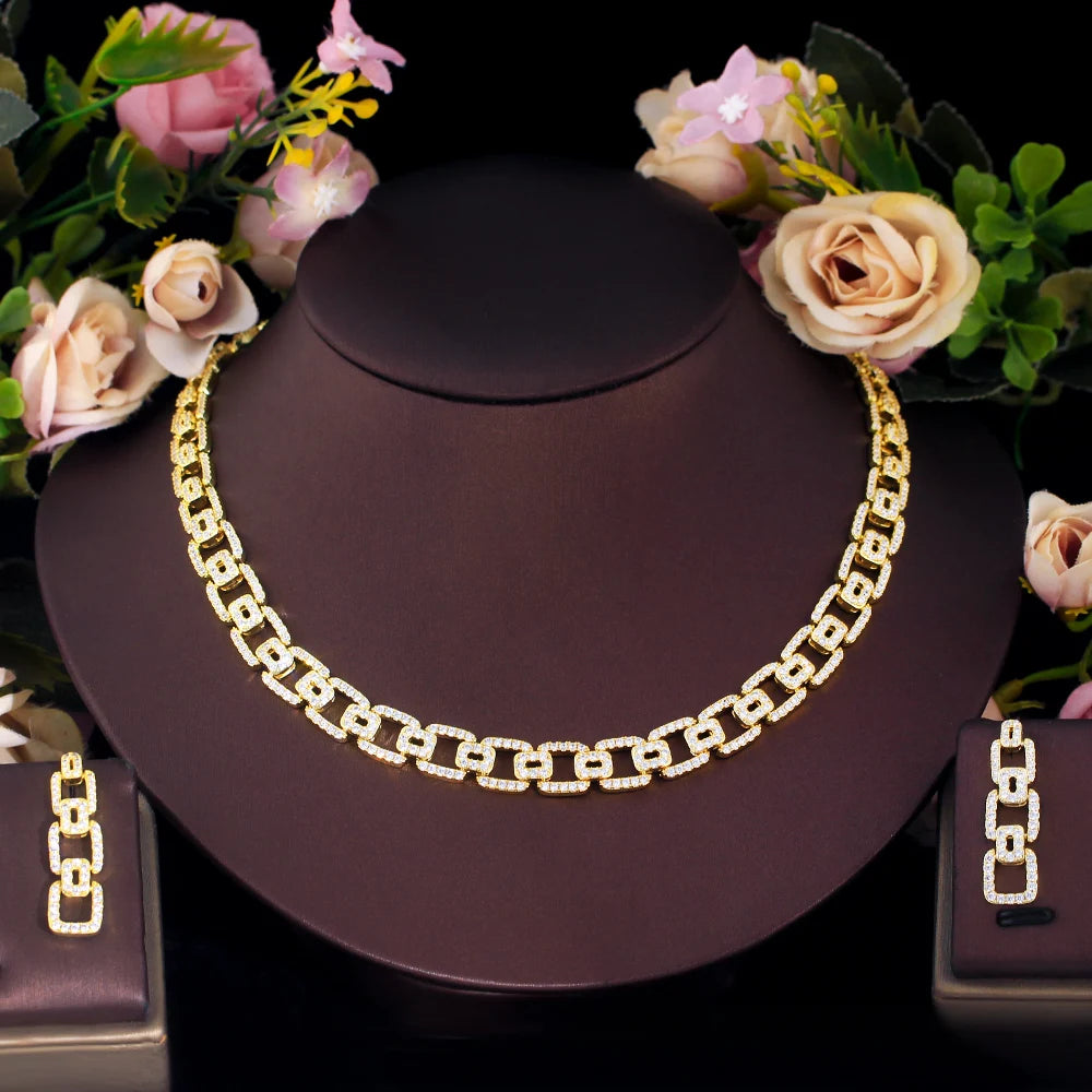 CWWZircons Fashion Micro Pave Cubic Zirconia Cuban Chain Link Engagement Wedding Necklace Earrings Jewelry Sets for Women T0944
