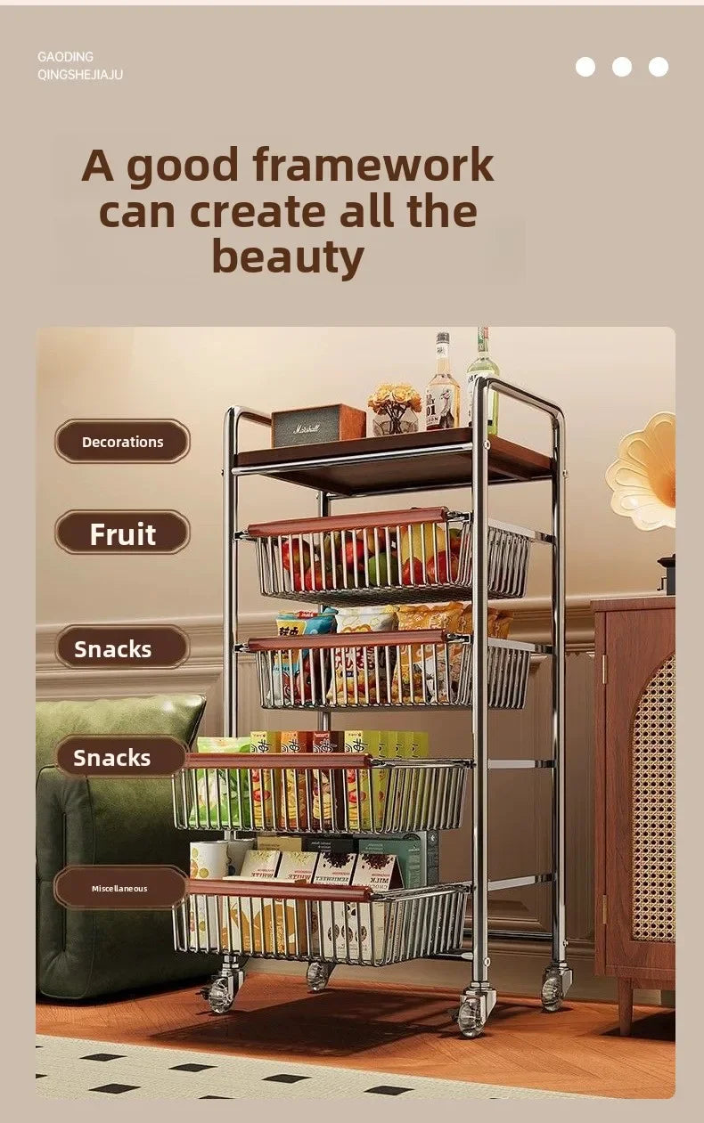 Wooden Rolling Kitchen Cart with 4/8 Baskets, Fruit Vegetable Storage Rack