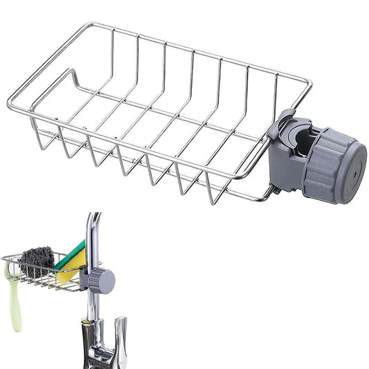 Stainless steel sink drain rack with sponge holder and faucet-mounted clip, silver finish