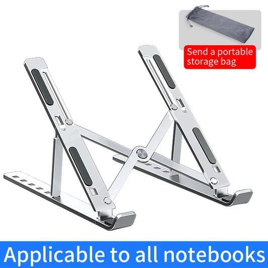 Silver adjustable foldable laptop stand with two support arms and non-slip feet.