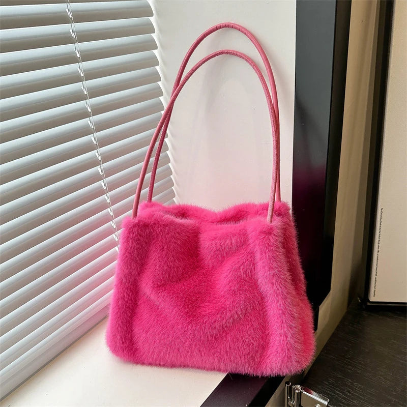 Female Autumn Winter Plush Handbag Versatile Solid Color Chain Crossbody Shopping Bag Women New Design Chain Messenger Bags