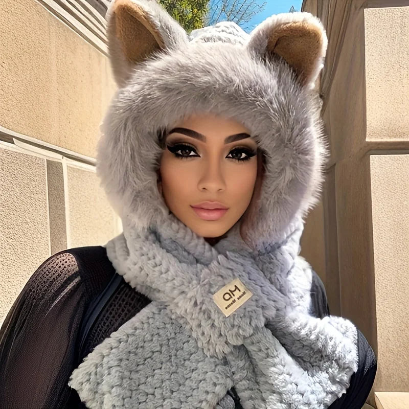 1PC Women's Cat Ear Hat with Pom-Pom, Soft Fleece Lined Winter Beanie for Christmas Gift, Cute Animal Themed Festival Cap