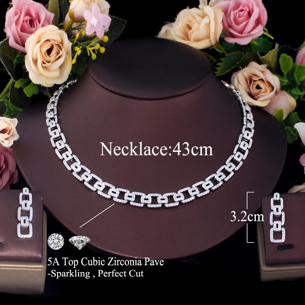CWWZircons Fashion Micro Pave Cubic Zirconia Cuban Chain Link Engagement Wedding Necklace Earrings Jewelry Sets for Women T0944