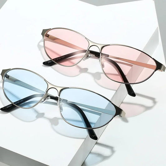 Silver metal sunglasses with pink and blue mirrored lenses, cat-eye goggle style