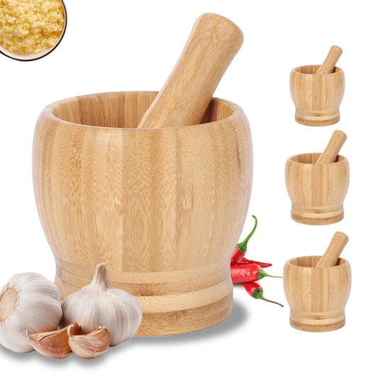 Bamboo mortar and pestle set with 3 small grinder cups and a wooden pestle
