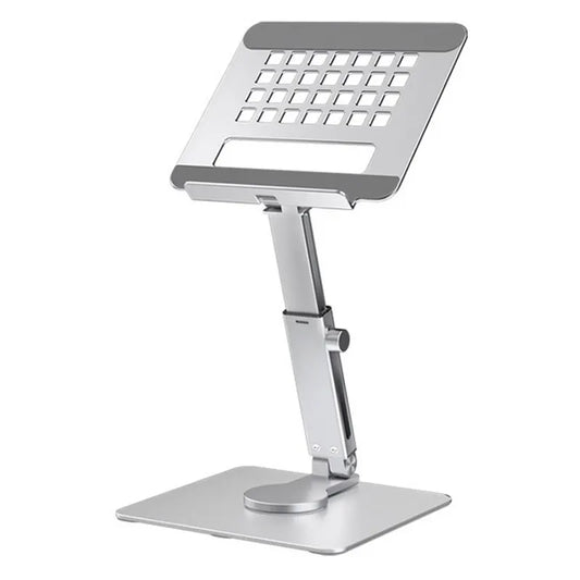Silver folding tablet stand with flat support, telescoping arm, and pivot joint
