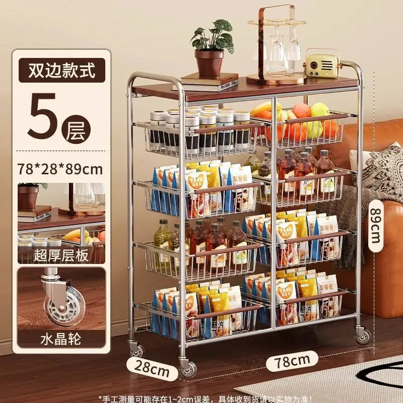 Wooden Rolling Kitchen Cart with 4/8 Baskets, Fruit Vegetable Storage Rack