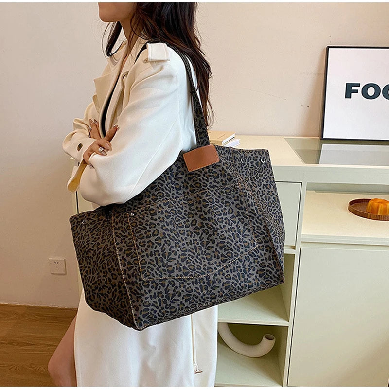 Vintage Leopard Print Women's Handbag Fashion Large Capacity Leopard Print Canvas Bag Underarm Bag Large Shopping Bag Women' Bag