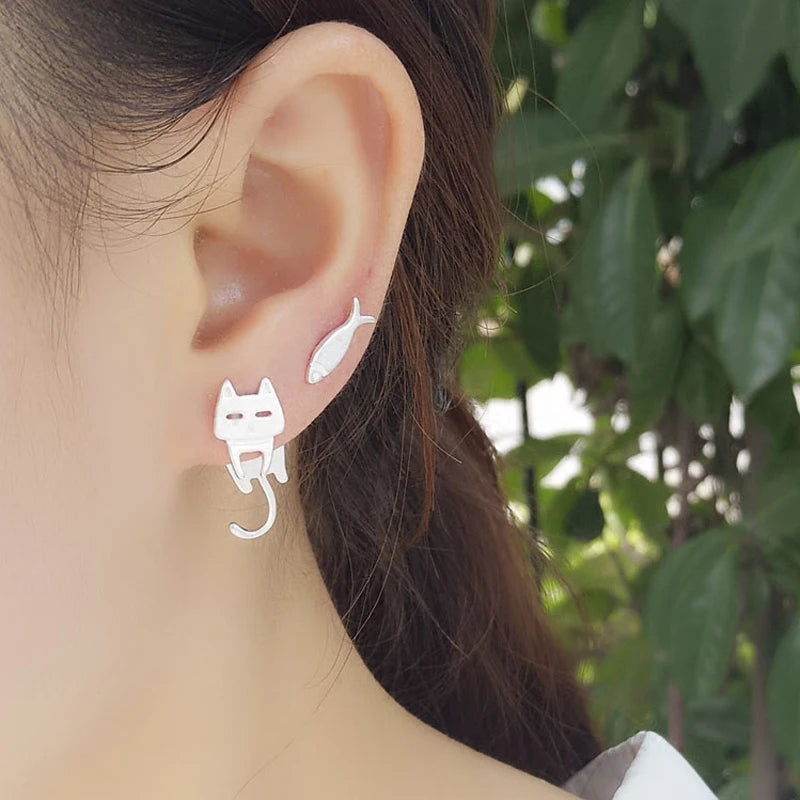 925 Sterling Silver Ear Stud Cat Fish Earring Gift for Women Hypoallergenic Eardrop Fine Jewelry Studs Prevent Allergy Dangler