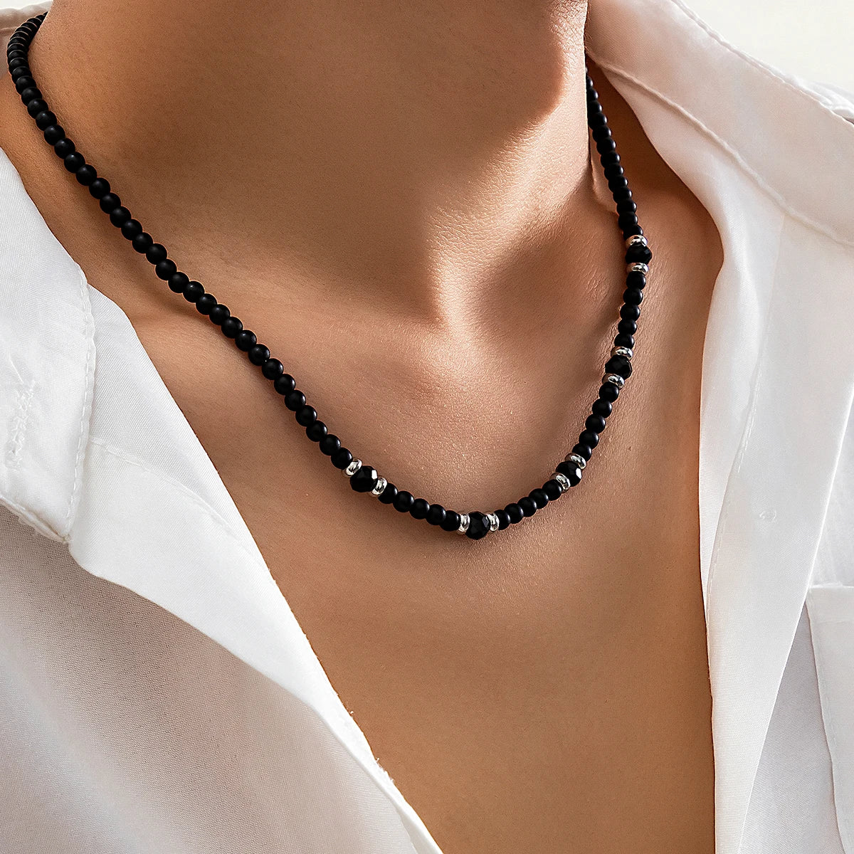 Salircon Punk Black Crystal Bead Clavicle Necklace Men's Simple Ethnic Style Bead Chain Choker On Neck Jewelry Gift