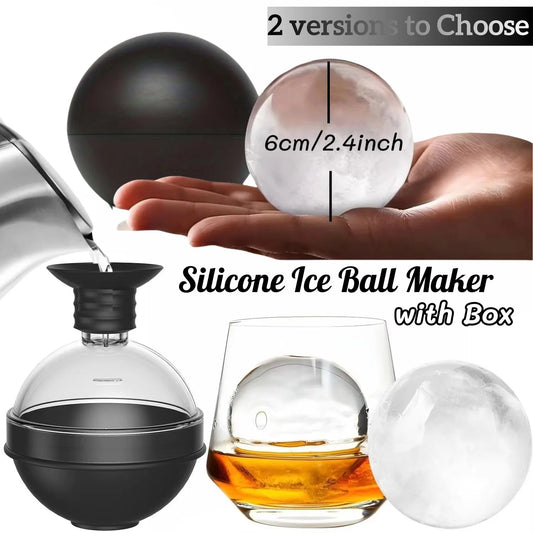 Silicone ice ball maker mold with lid, holding a 2.4 inch whiskey sphere