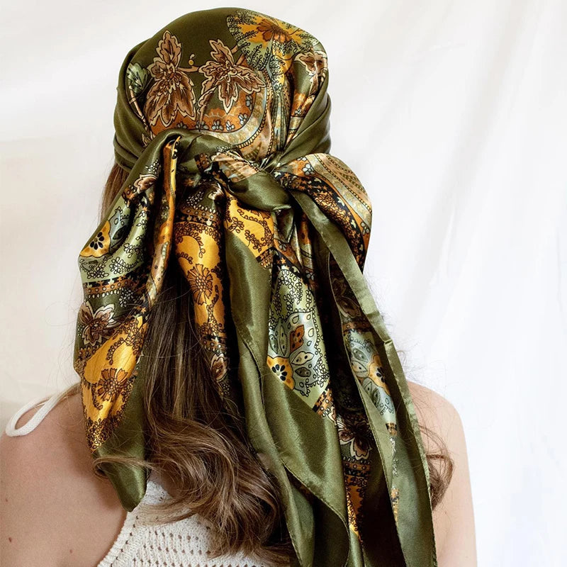 Luxury Brand Silk Satin Square Scarf Women Hijab Bandana Muslim Headscarves Shawl Wrap Ladies Headband Neckerchief Foulard 90cm