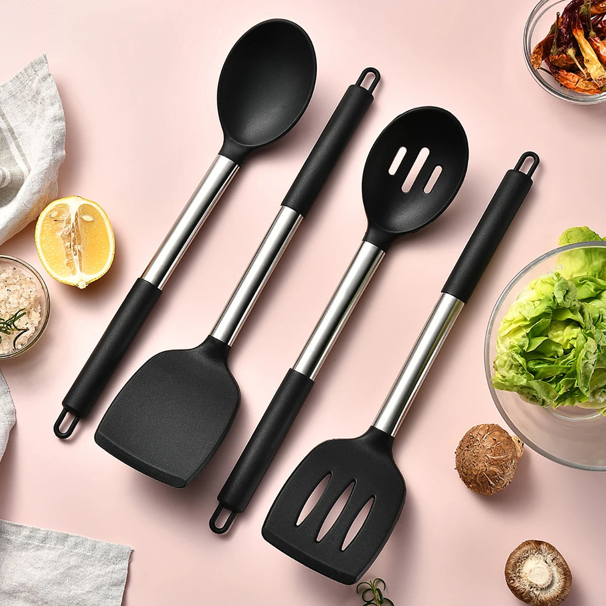 2/4/6/8pcs Silicone Kitchenware Set Stainless Steel Hand Shovel Soup Spoon Spaghetti Claw Cooking Set Household Kitchen Tool Set