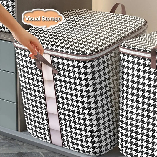 Houndstooth quilt storage bag with foldable lid and brown carry handles