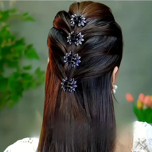 Mini flower rhinestone hair claw clips, 4-piece set with black sparkly half-tied design