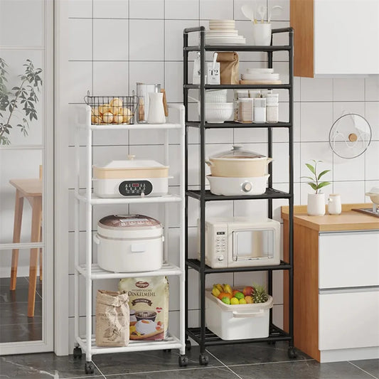 Multi-layer kitchen storage rack set in white and black with multi-tier shelving
