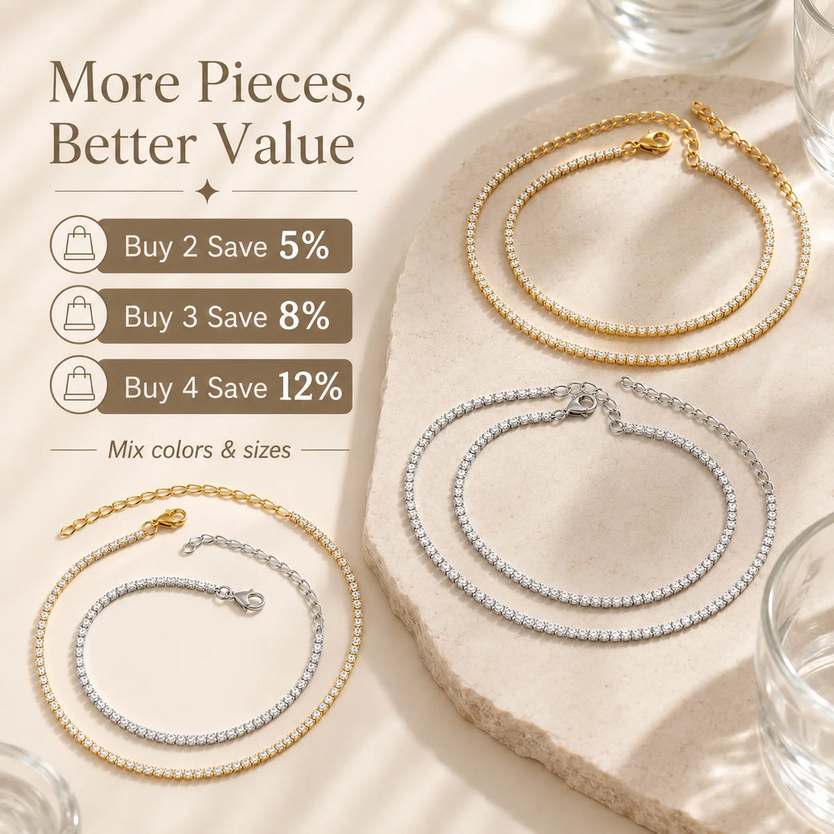 Cubic Zirconia Tennis Anklet for Women Stainless Steel 18K Gold Plated CZ Foot Chain Layering Summer No Tarnish Waterproof