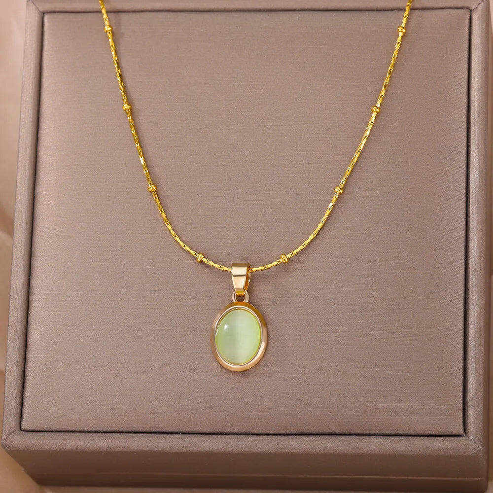Oval Opal Pendant Necklace For Women Gold Plated Stainless Steel Bead Chains Necklaces 2022 Trend Wedding Jewelry collares mujer