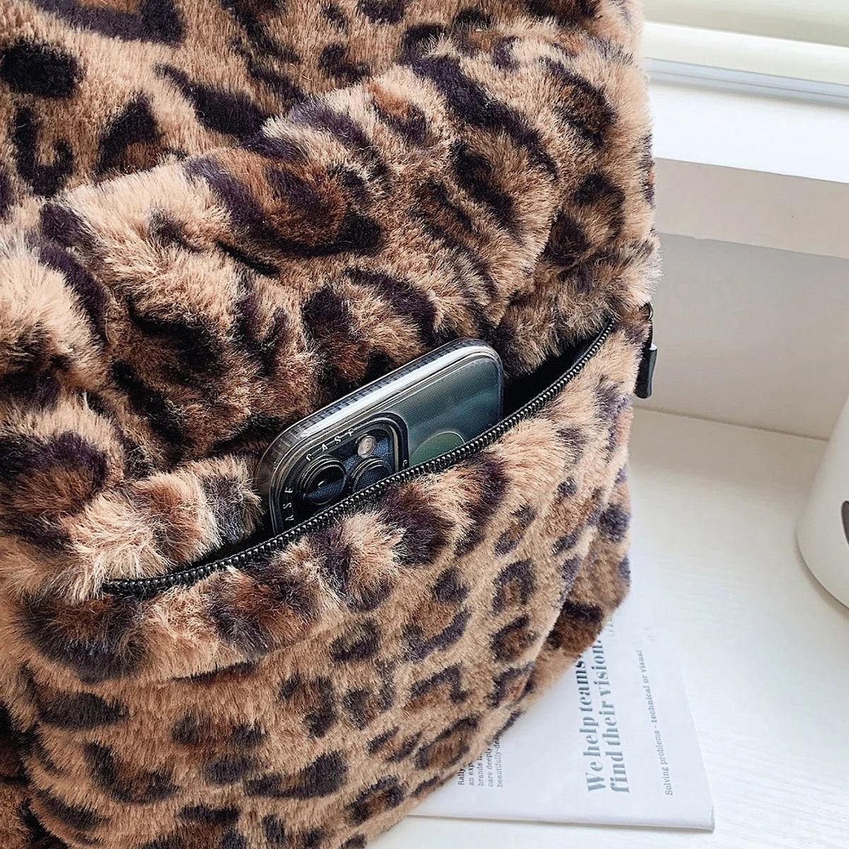 Luxury Brown Leopard Pattern Plush Womens Backpack Large Capacity Backpack Purse Multi Pocket Adjustable Straps For Commute