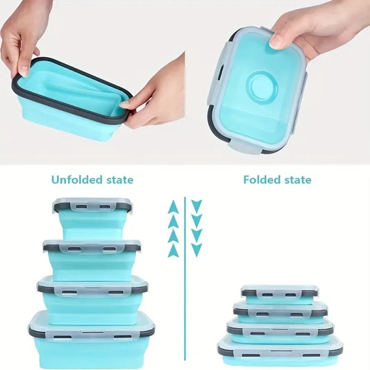 Collapsible silicone food containers shown folded and unfolded, turquoise with gray snap lids