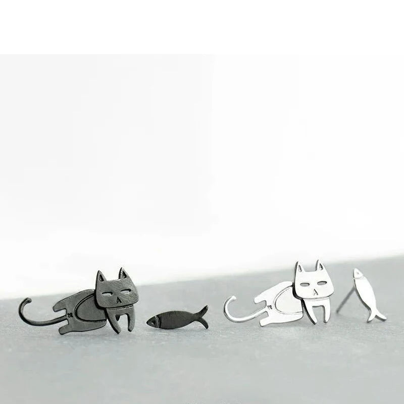 925 Sterling Silver Ear Stud Cat Fish Earring Gift for Women Hypoallergenic Eardrop Fine Jewelry Studs Prevent Allergy Dangler