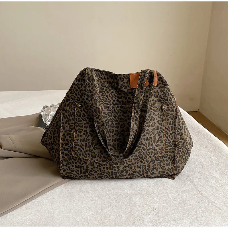 Vintage Leopard Print Women's Handbag Fashion Large Capacity Leopard Print Canvas Bag Underarm Bag Large Shopping Bag Women' Bag