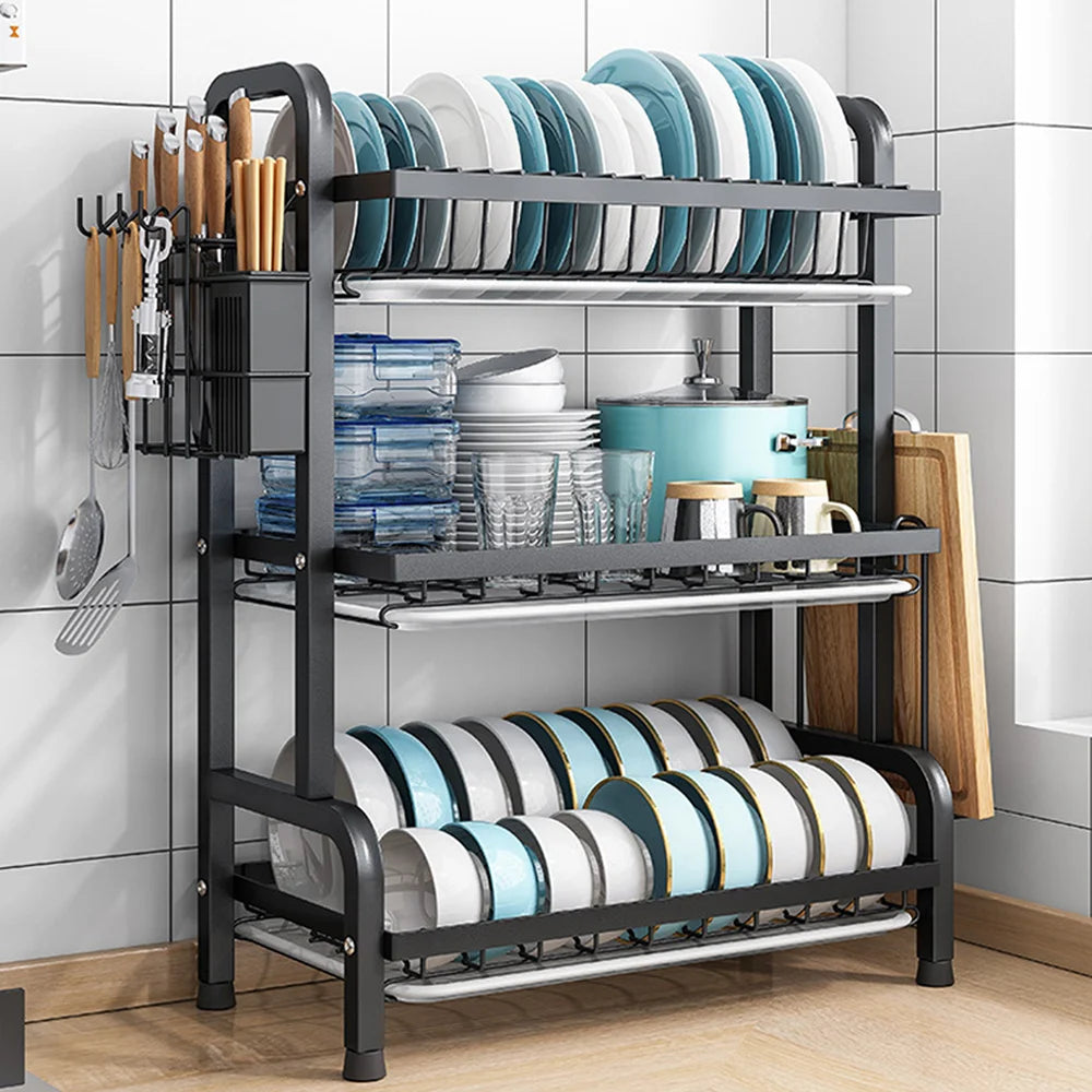 3 Tier Dish Organizer Dish Drying Rack Compact Kitchen Dish Rack Drainboard Set Large Rust-Proof Dish Drainer Kitchen Dish Drain