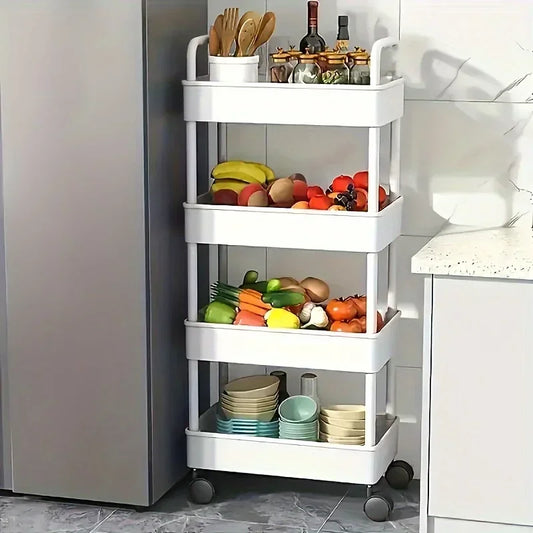 White mobile 4-tier storage trolley with open shelves and rolling caster wheels