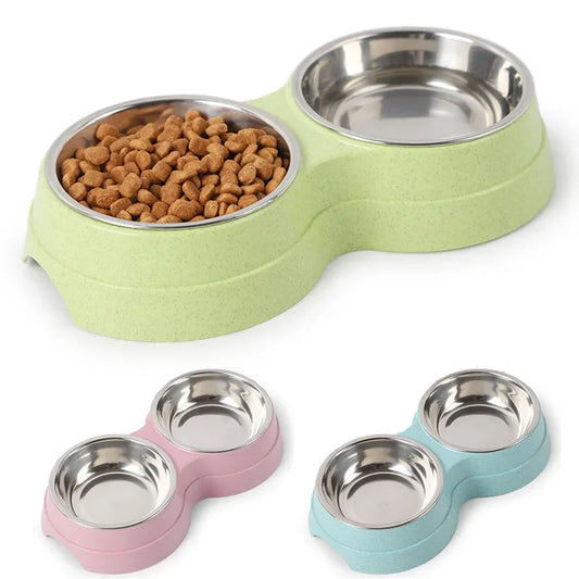 Green double pet bowl feeder with two stainless-steel cups for food and water