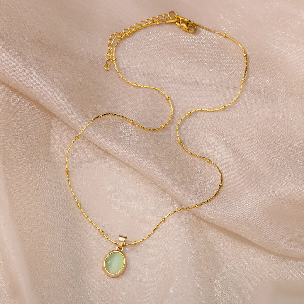 Oval Opal Pendant Necklace For Women Gold Plated Stainless Steel Bead Chains Necklaces 2022 Trend Wedding Jewelry collares mujer