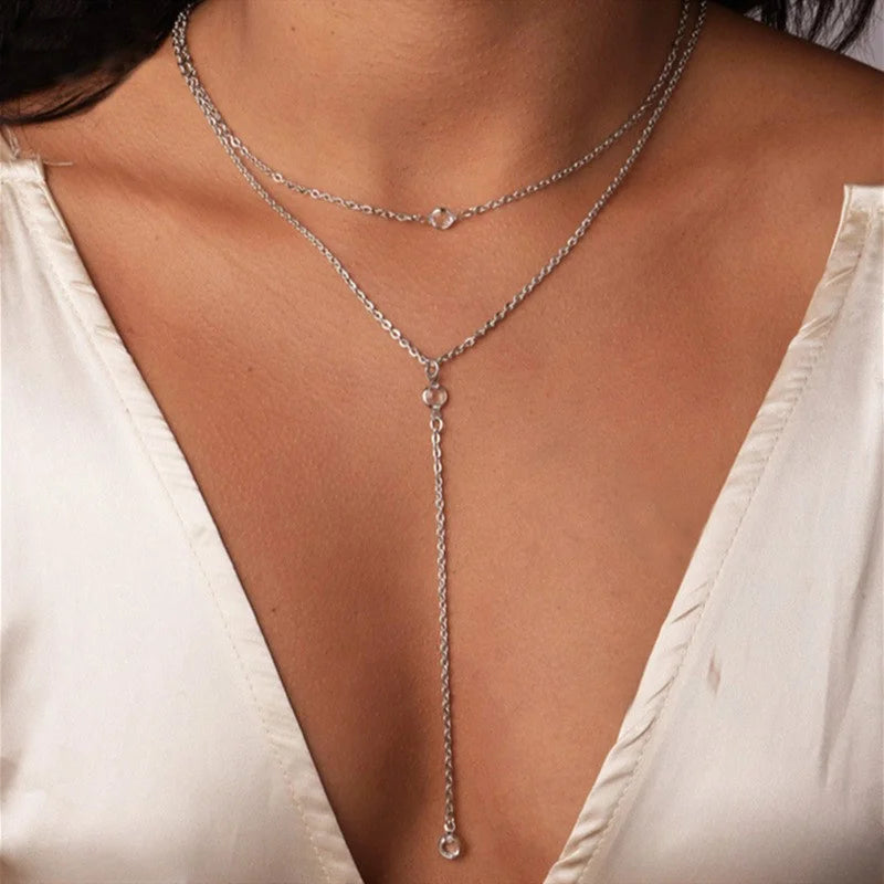 Minimalist Double Layered Y Shaped Collarbone Necklace for Women Popular Long Chain Drop Necklace Girls Party Body Jewelry Gifts