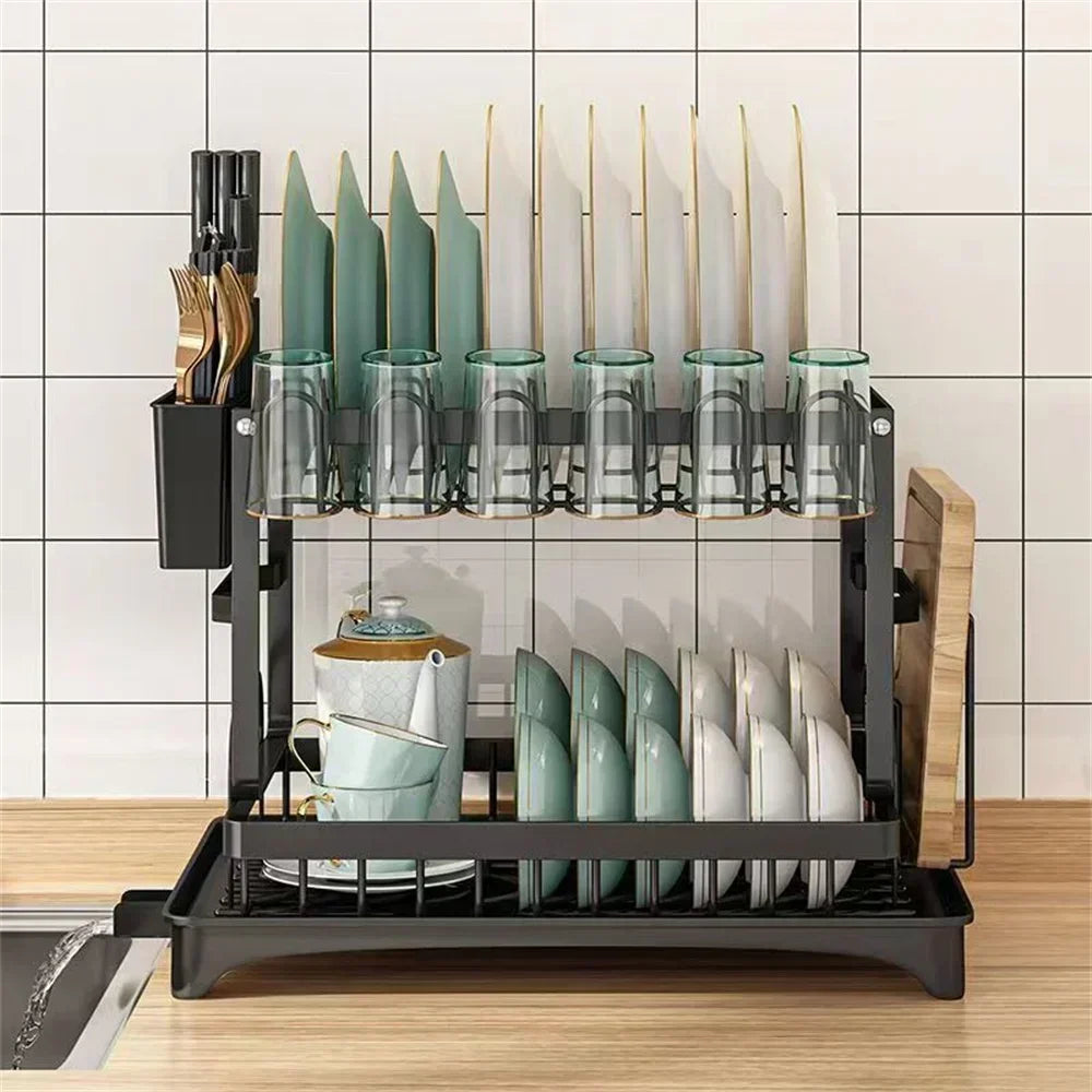 Space Saving Double Tier Dish Drying Rack Rust Resistant Metal With Drain Tray Easy Assemble Kitchen Tableware Holder