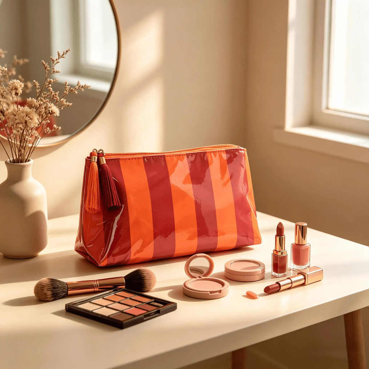 Travel Makeup Bag for Women, Portable Water-resistant Cosmetic Case Puffy Padded Make Up Organizer Pouch, Open Flat Toiletry Bag